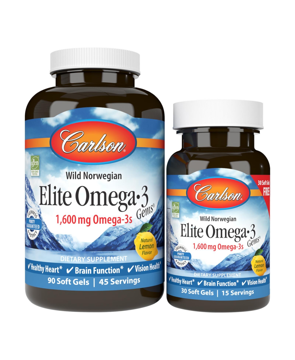 Carlson - Elite Omega-3 Gems, 1600 mg Omega-3s, Norwegian, Wild Caught, Sustainably Sourced, Lemon, Bonus Bottle, 90 + 30 Softgels
