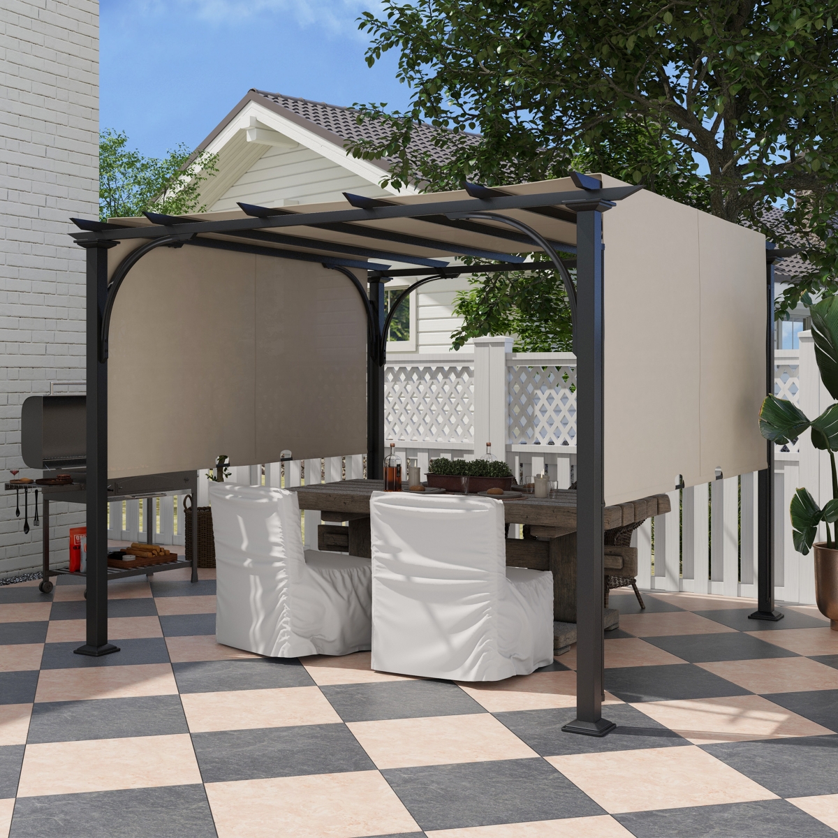10' x 10' Steel Patio Pergola with Retractable Canopy Beige - Beige