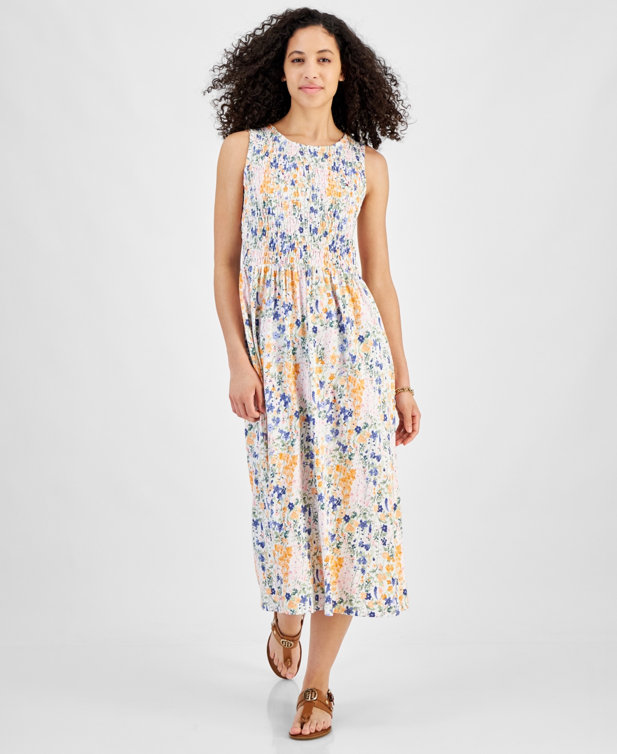 Women's Floral Print Smocked Sleeveless Midi Dress - Breeze Mlt