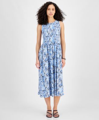 Tommy Hilfiger - Women's Floral Print Smocked Sleeveless Midi Dress