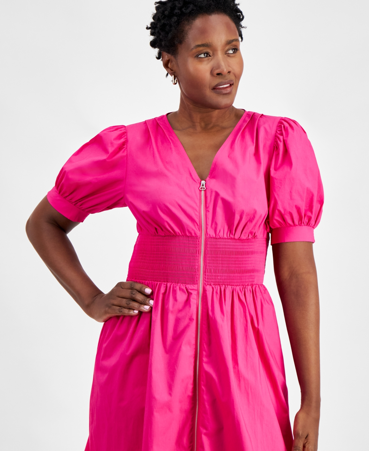 On 34th Women's Printed Cotton Zip-Front Puff-Sleeve Dress, Created for Macy's