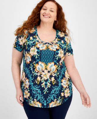 JM Collection - Plus Size Oasis Flora Scoop-Neck T-Shirt