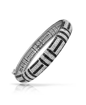 Geometric Art Deco Statement CZ Bangle Bracelet Rhodium Plated Brass