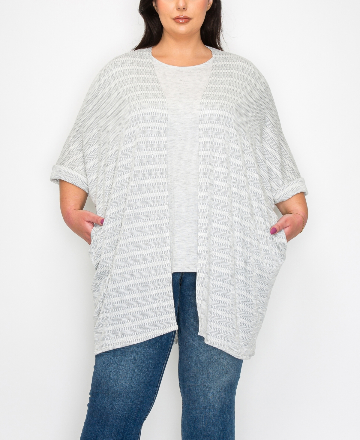Plus Size Textured Jacquard Stripe Rolled Sleeve Pocket Kimono Top - Gray Ivory