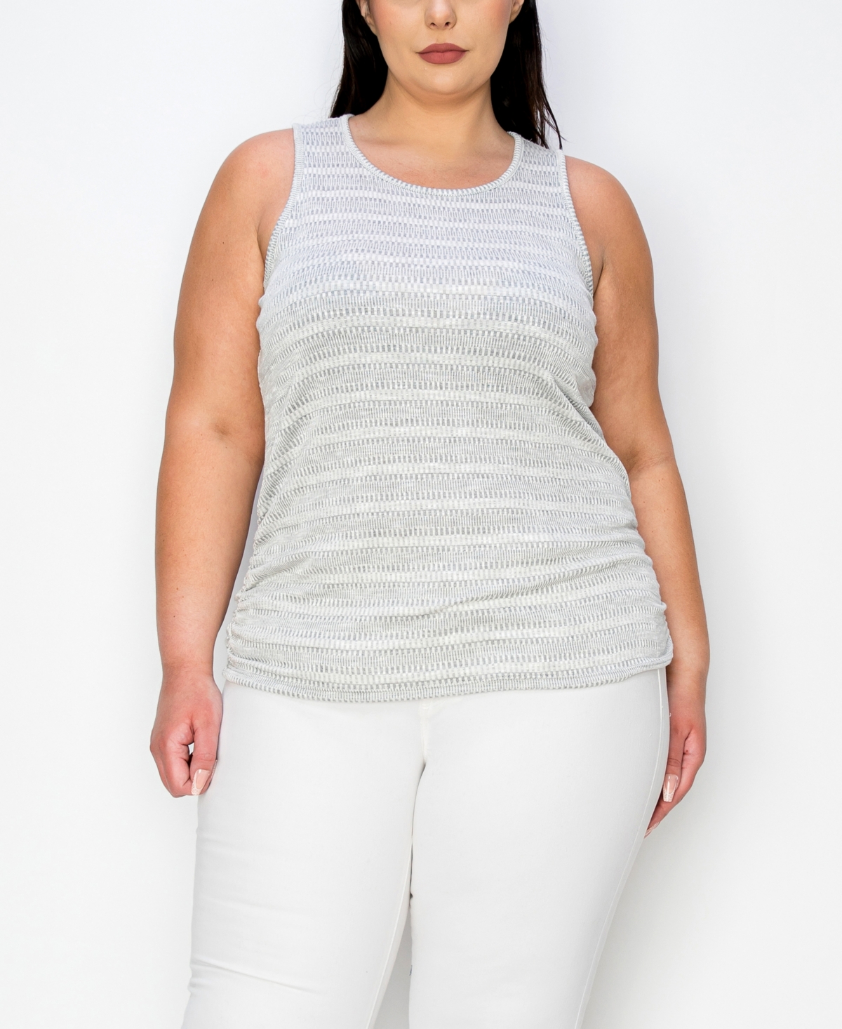 Plus Size Textured Jacquard Stripe Ruched Tank Top - Gray Ivory