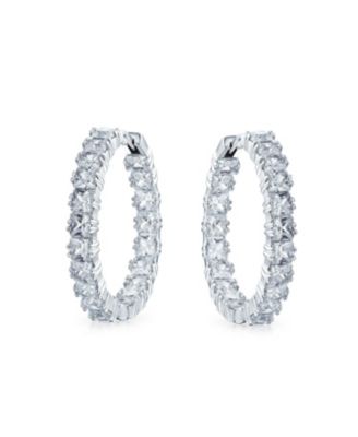 Fancy Cubic Zirconia Princess Cut CZ Inside Out Hoop Earrings 1.25 Inch Rose Gold Silver Plated