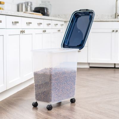 USA 40 Lbs / 45 Qt WeatherPro Airtight Pet Food Storage Container with Attachable Casters, For Dog Cat Bird and Other Pet Food Storage Bin, Keep Fresh, Translucent Body, Easy Mobility, Navy