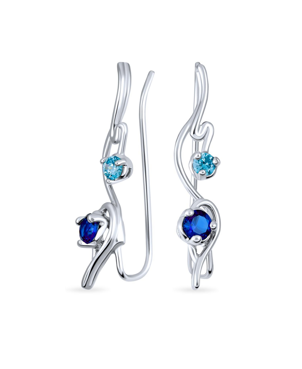 Swirl Wire Ear Pin Climbers Aqua Blue Cubic Zirconia Earrings For Women Simulated Sapphire Cz Crawlers Sterling Silver - Blue