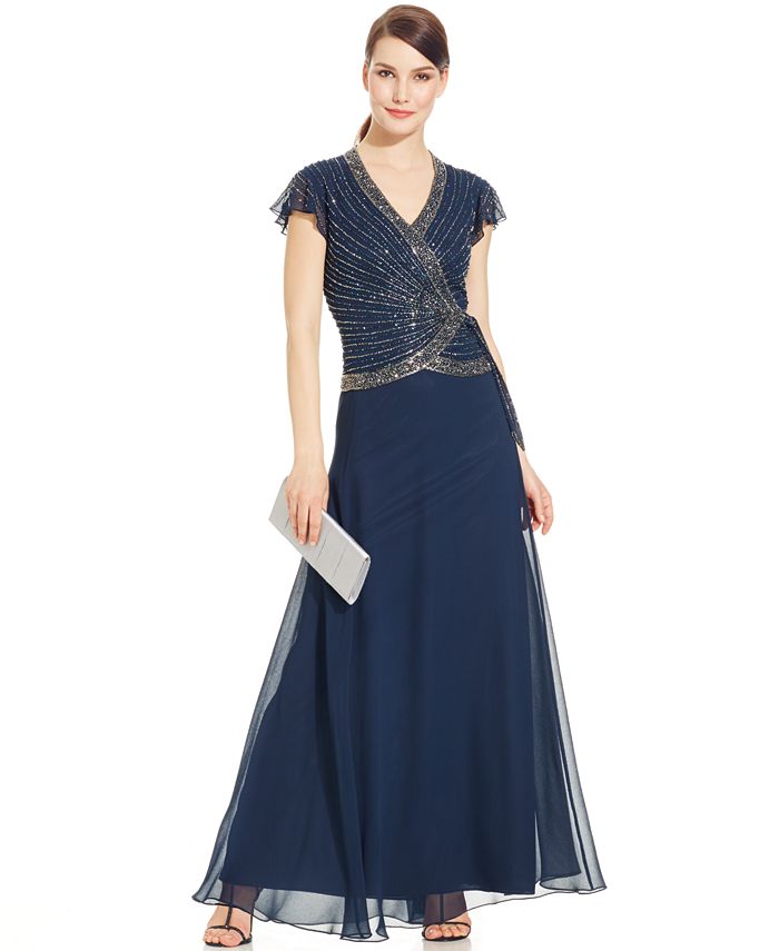J Kara Flutter-Sleeve Embellished Side-Tie Gown - Macy's