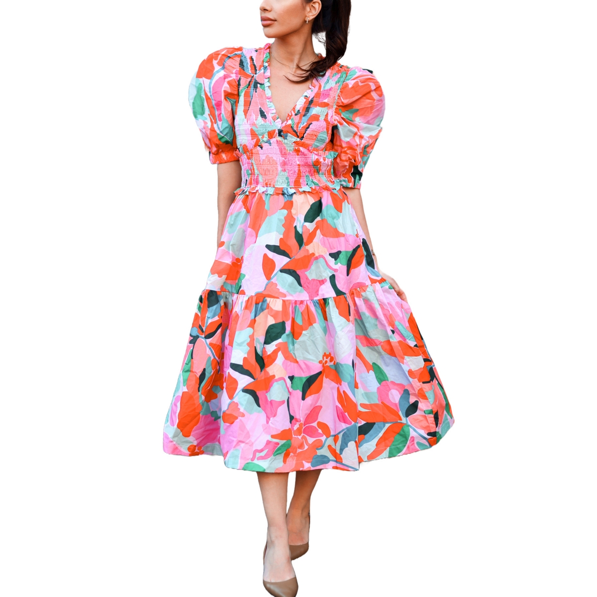 Jessie Zhao New York Ramona Watermelon Smocked Midi Dress - green, white, pink