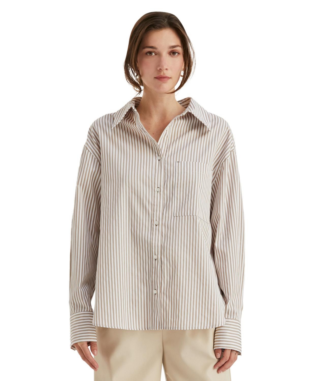 Women's Isra Striped Button Up Shirt - Beige/khaki + beige
