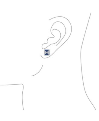 Black Royal Blue CZ Stud Earrings, Geometric Pyramid Square, Sterling Silver 11MM