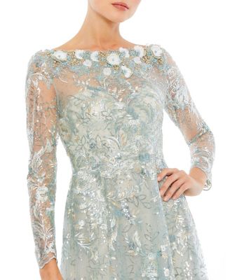 Mac Duggal Women's Floral Embroidered Illusion Long Sleeve Gown - Macy's