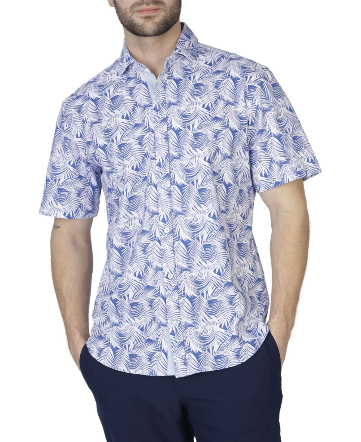 Leaves Knit Short Sleeve Shirt - Admiral blue