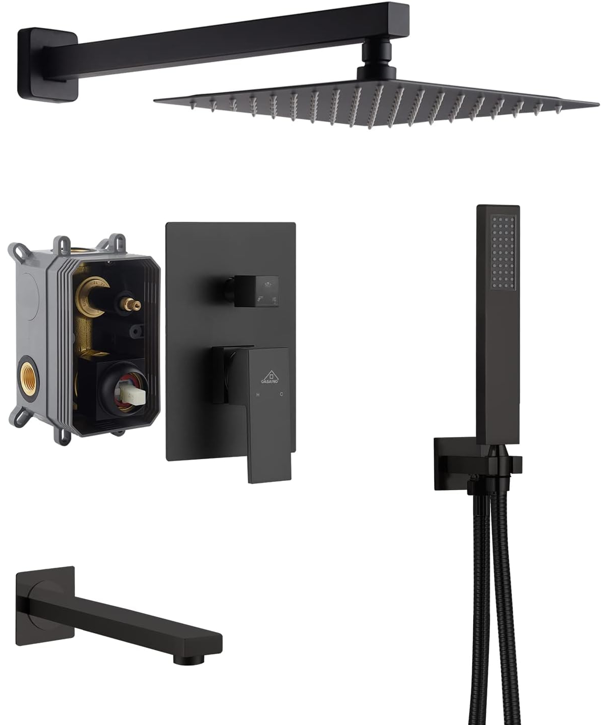 10" Inch Wall Mounted Square Shower System Set with Handheld Spray & Tub Spout - Matte black
