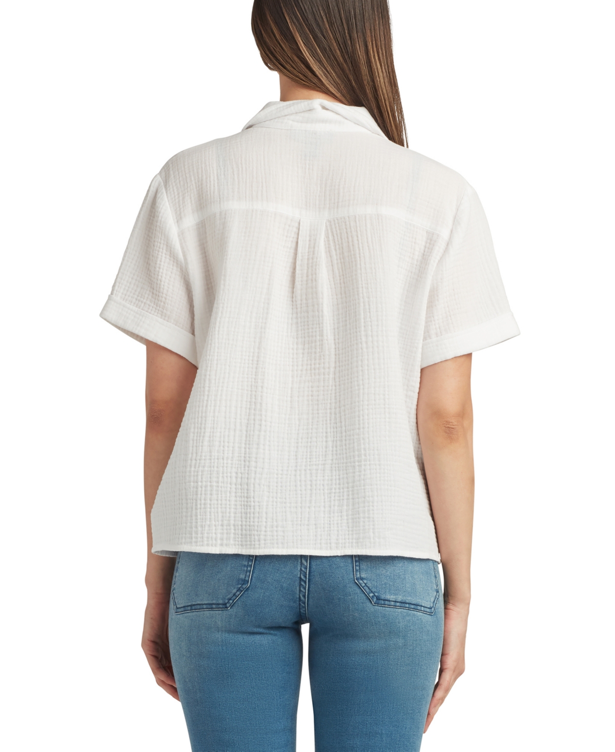 Shop Bcx Juniors' Cotton Short-sleeve Collared Gauze Top In White