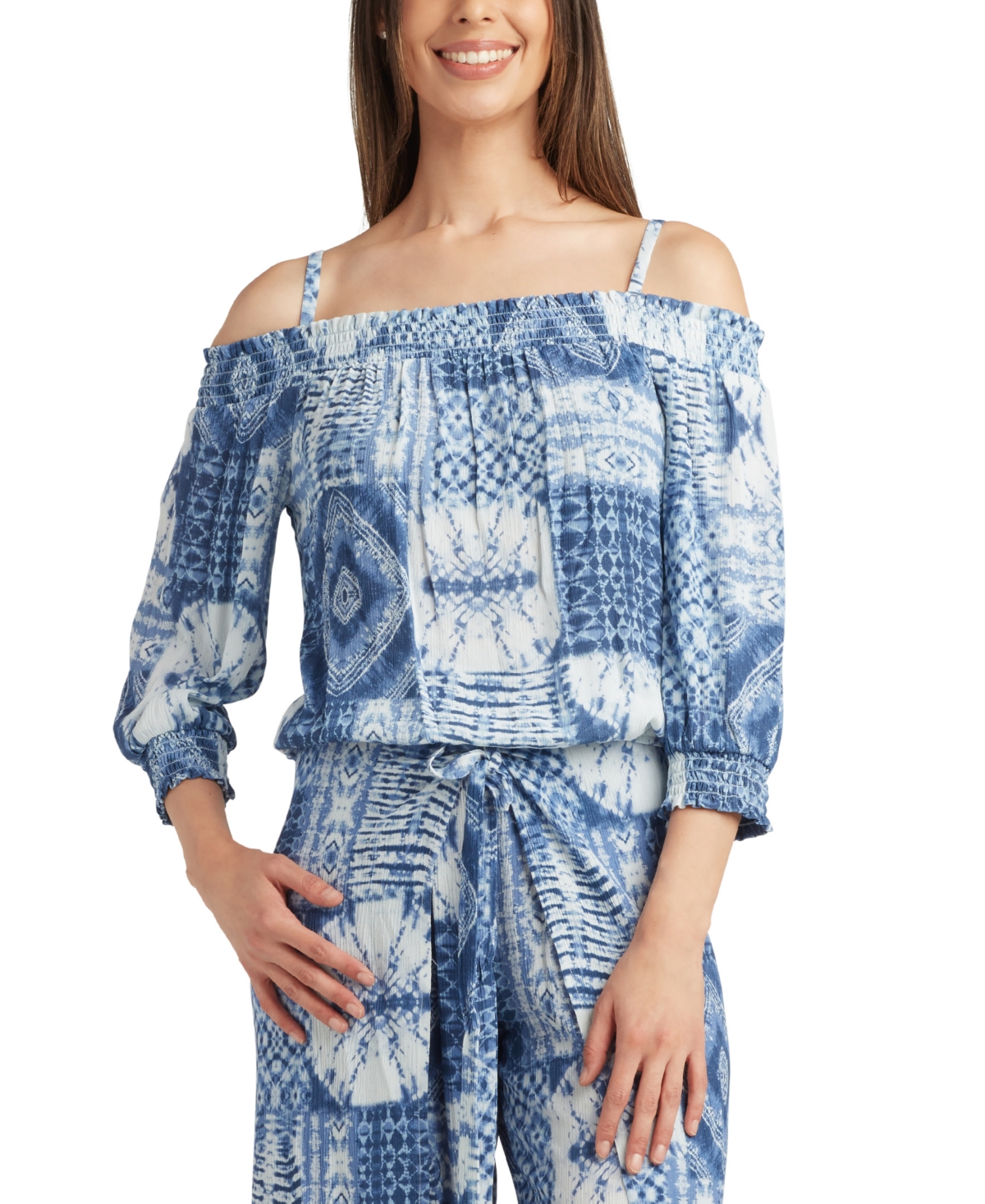 Shop Bcx Juniors' Printed Smocked Off-the-shoulder Top In Pat F