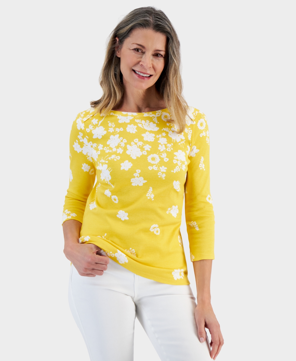 Shop Style & Co Women's Printed Pima Cotton Boat-neck 3/4-sleeve Top, Created For Macy's In Raining Crn Ylw