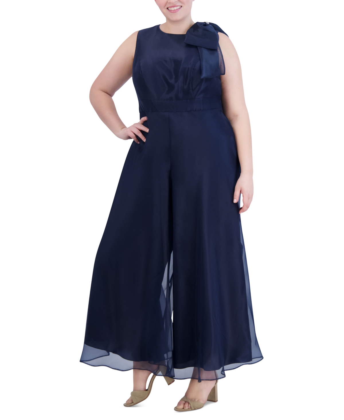 Shop Eliza J Plus Size Organza Bow-trim Halter Jumpsuit In Navy