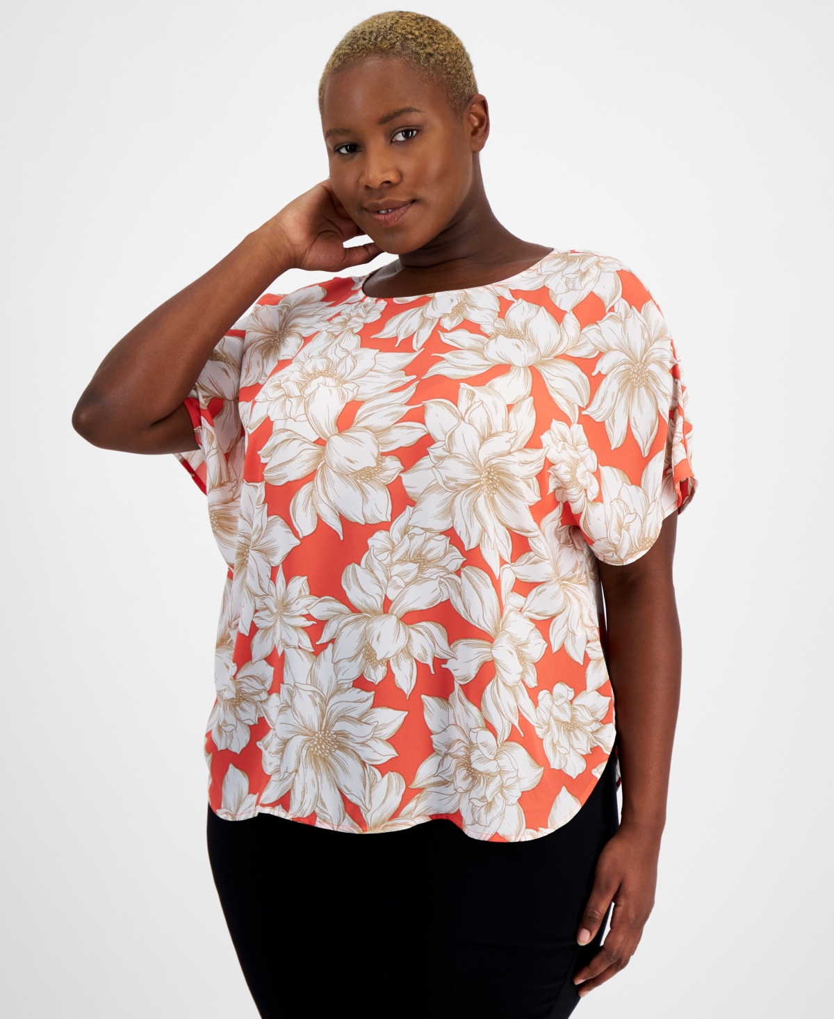 Plus Size Printed Boat-Neck Short-Sleeve Top, Created for Macy's - Red Pear/Bright White