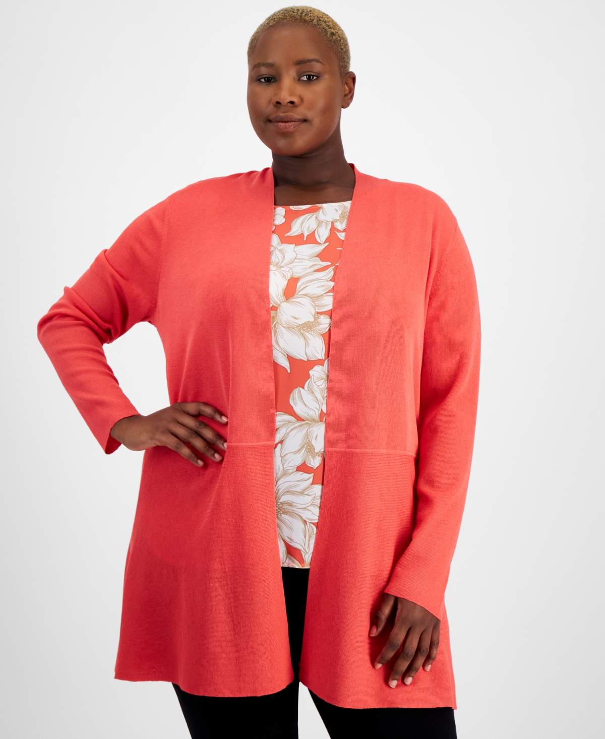 Shop Anne Klein Plus Size Monterey Open-front Cardigan In Red Pear