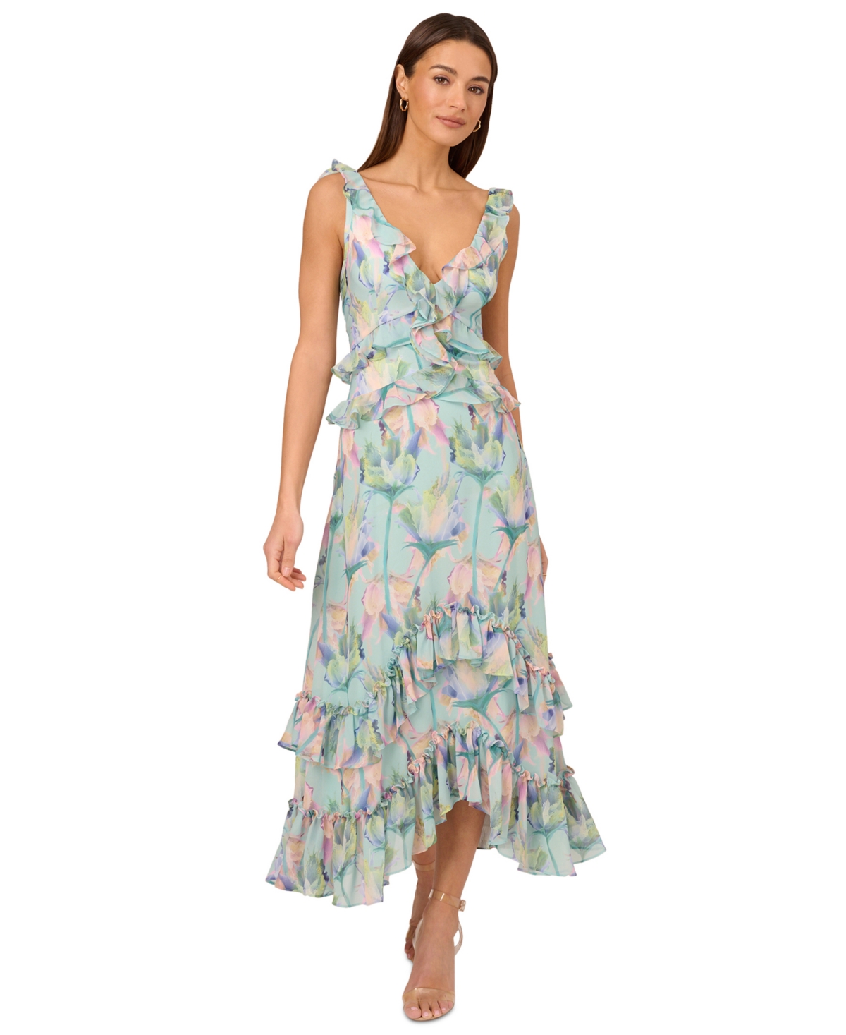 Shop Adrianna By Adrianna Papell Women's Floral-print Ruffled Maxi Dress In Mint Multi