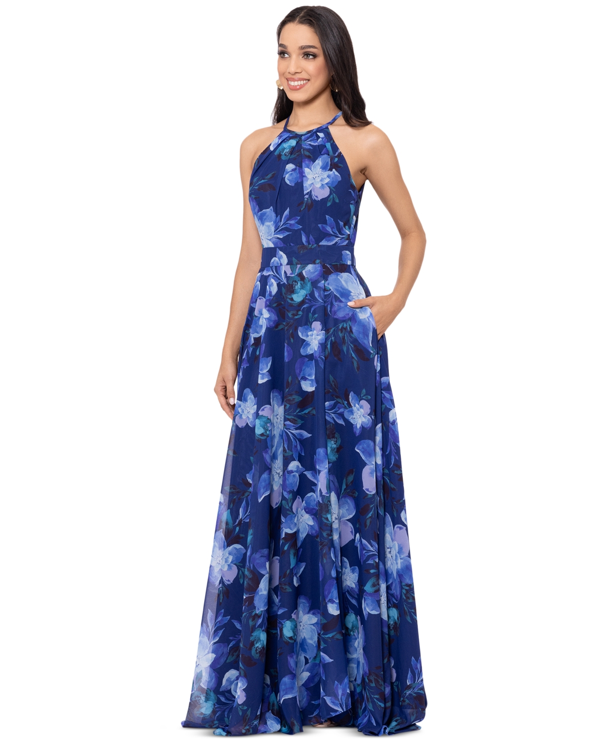 Shop Betsy & Adam Women's Floral-print Halter Gown In Blue Multi