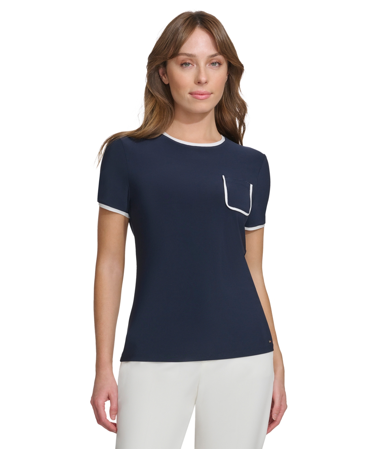 Shop Tommy Hilfiger Women's Contrast-trim Short-sleeve Top In Midnight,ivory