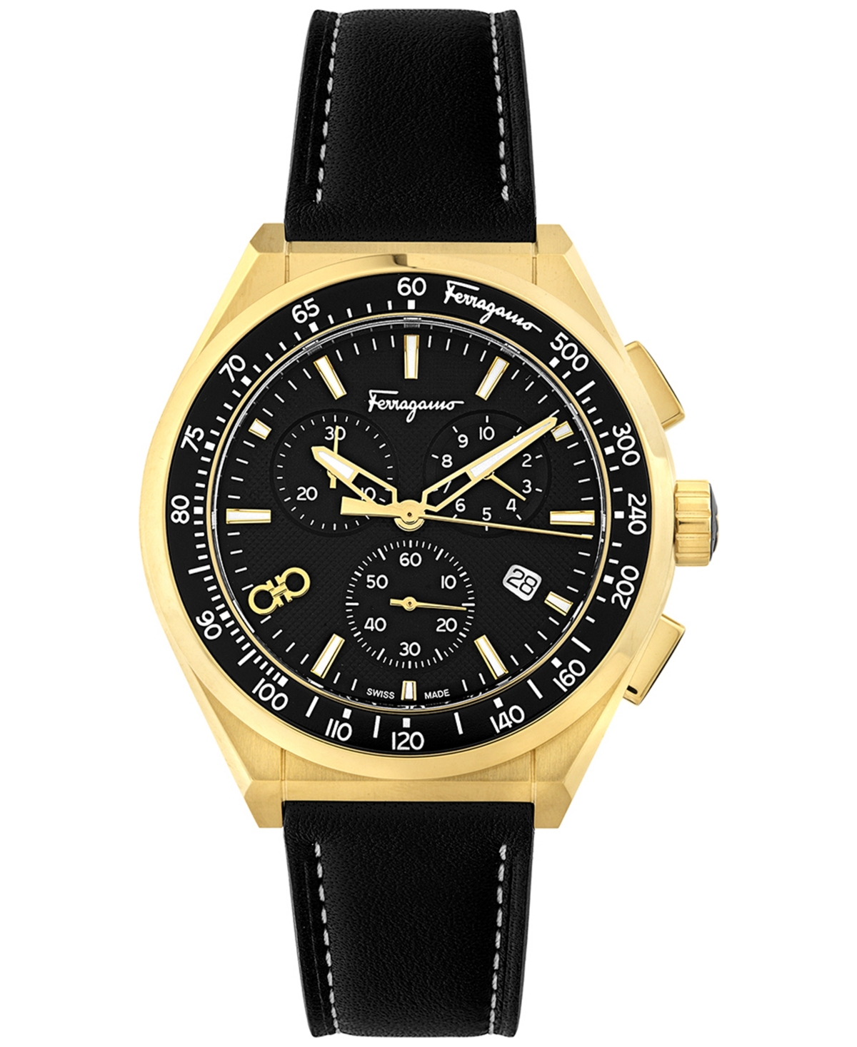 Ferragamo Salvatore  Men's Swiss Chronograph Black Leather Strap Watch 43mm In Gold