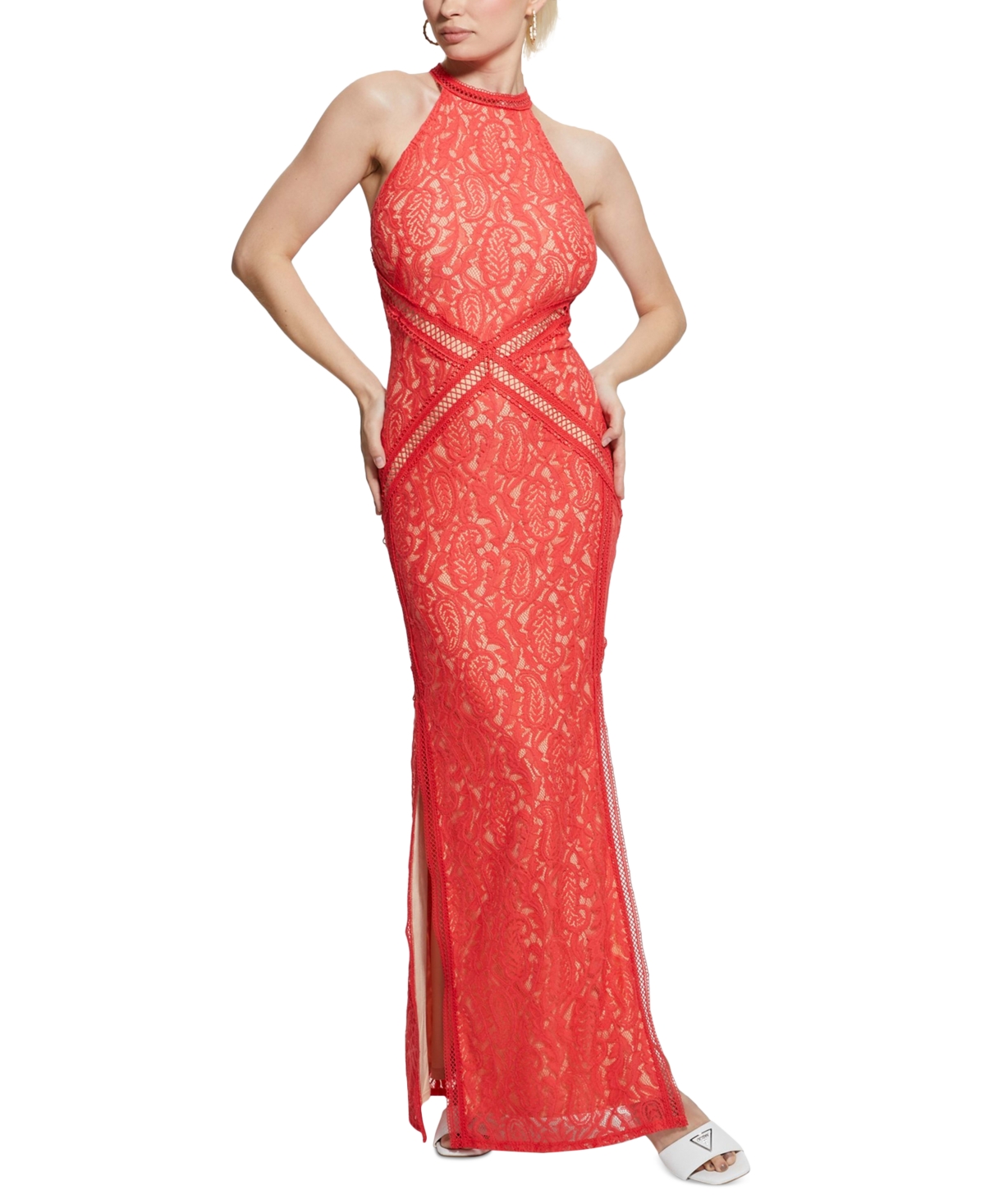 Shop Guess Women's New Liza Lace Halter Sleeveless Gown In Vivacious Coral