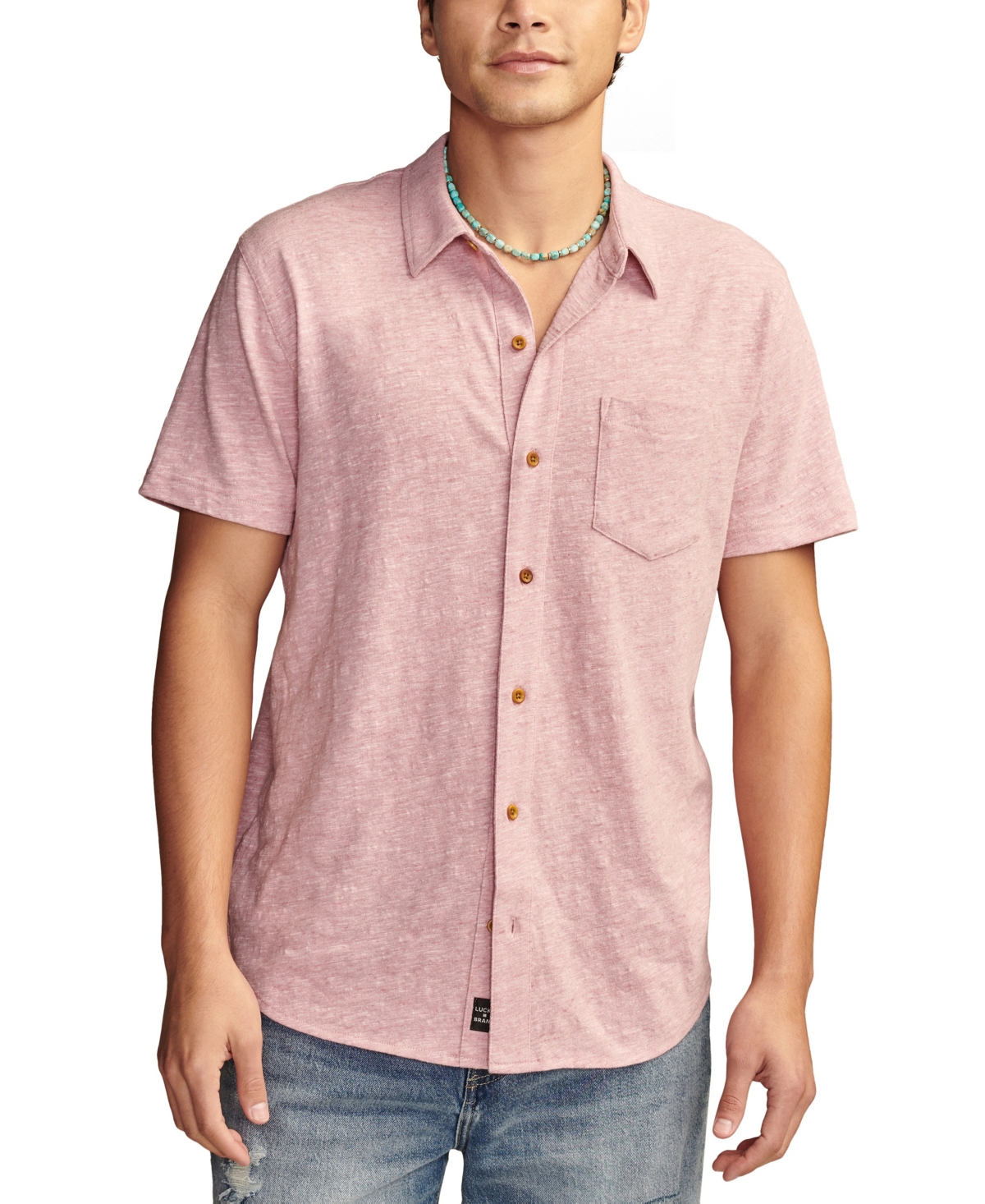 Shop Lucky Brand Linen Short Sleeve Button Down Shirt In Red Violet