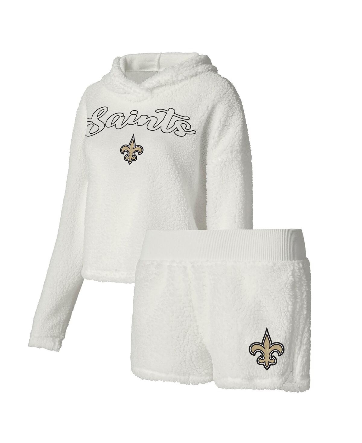 Women's Concepts Sport White New Orleans Saints Fluffy Pullover Sweatshirt and Shorts Sleep Set - White