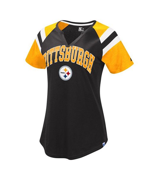 alfani Starter Women's Black Gold Pittsburgh Steelers Game On Notch Neck Raglan T-shirt Sports Fan Shop