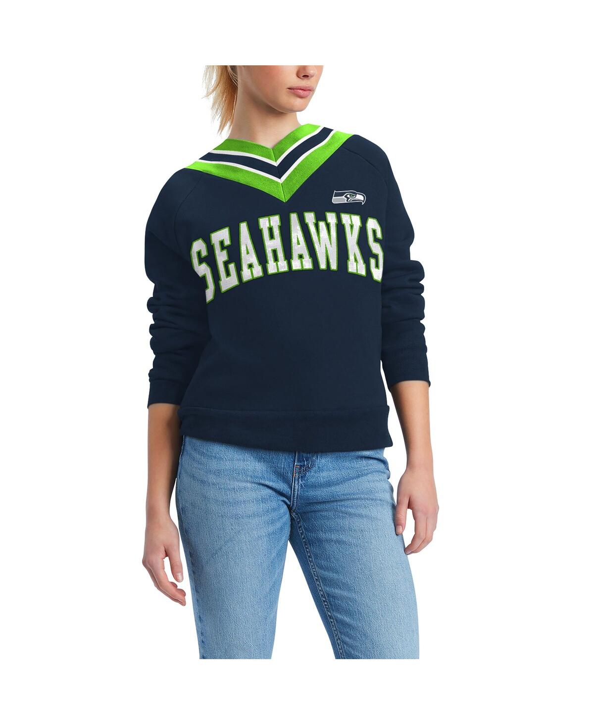 Shop Tommy Hilfiger Women's  Navy Seattle Seahawks Heidi V-neck Pullover Sweatshirt
