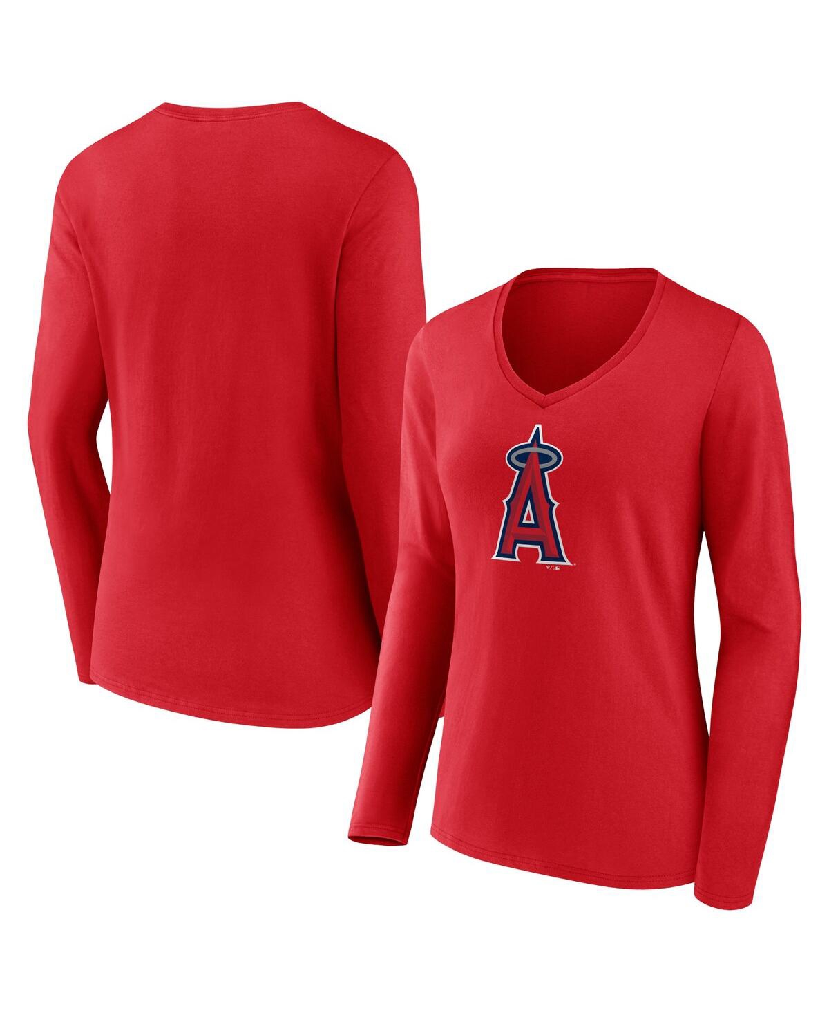 Shop Fanatics Women's  Red Los Angeles Angels Official Logo V-neck Long Sleeve T-shirt