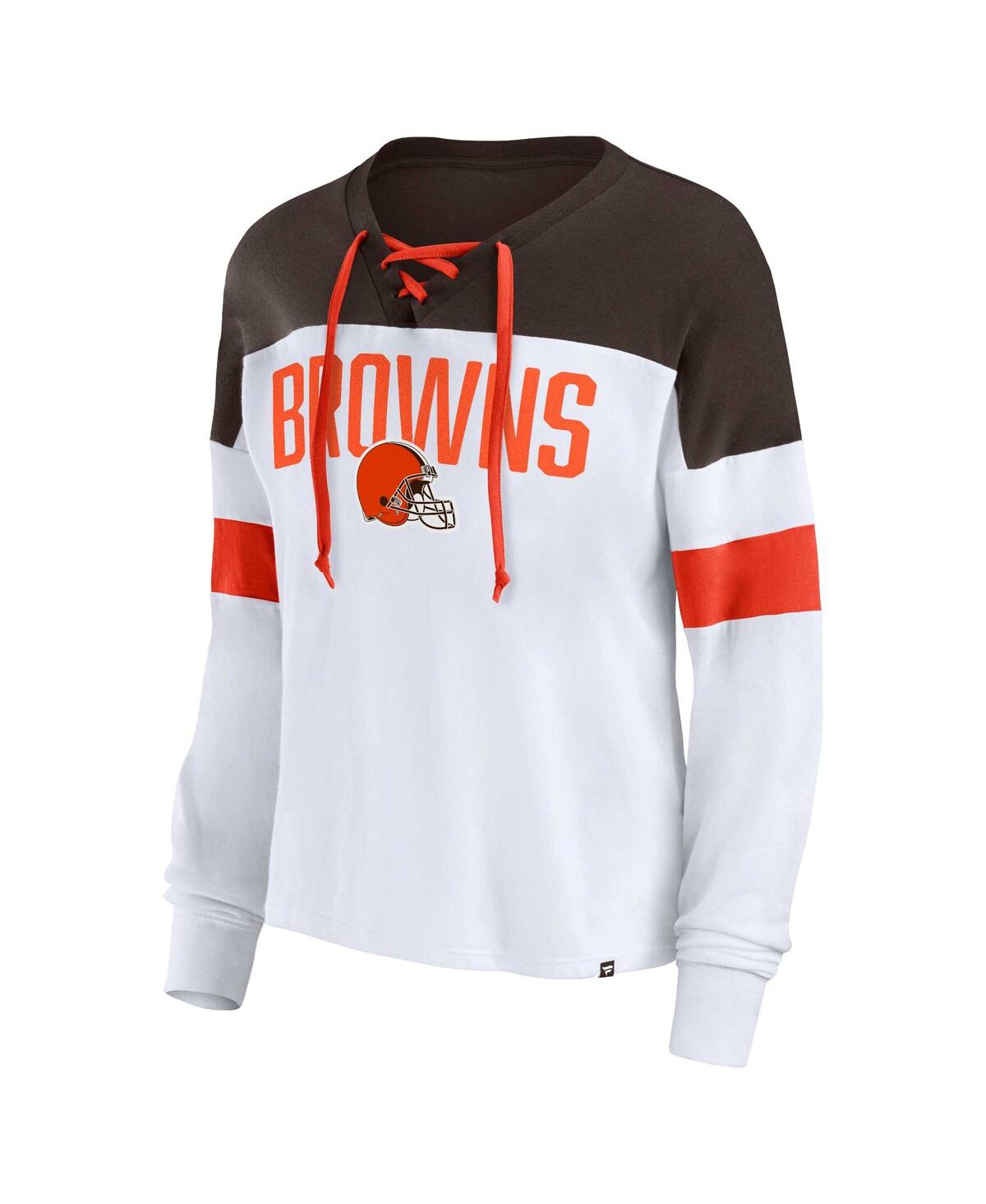 Fanatics Women's  White, Brown Cleveland Browns Plus Size Even Match Lace-up Long Sleeve V-neck Top In White,brown