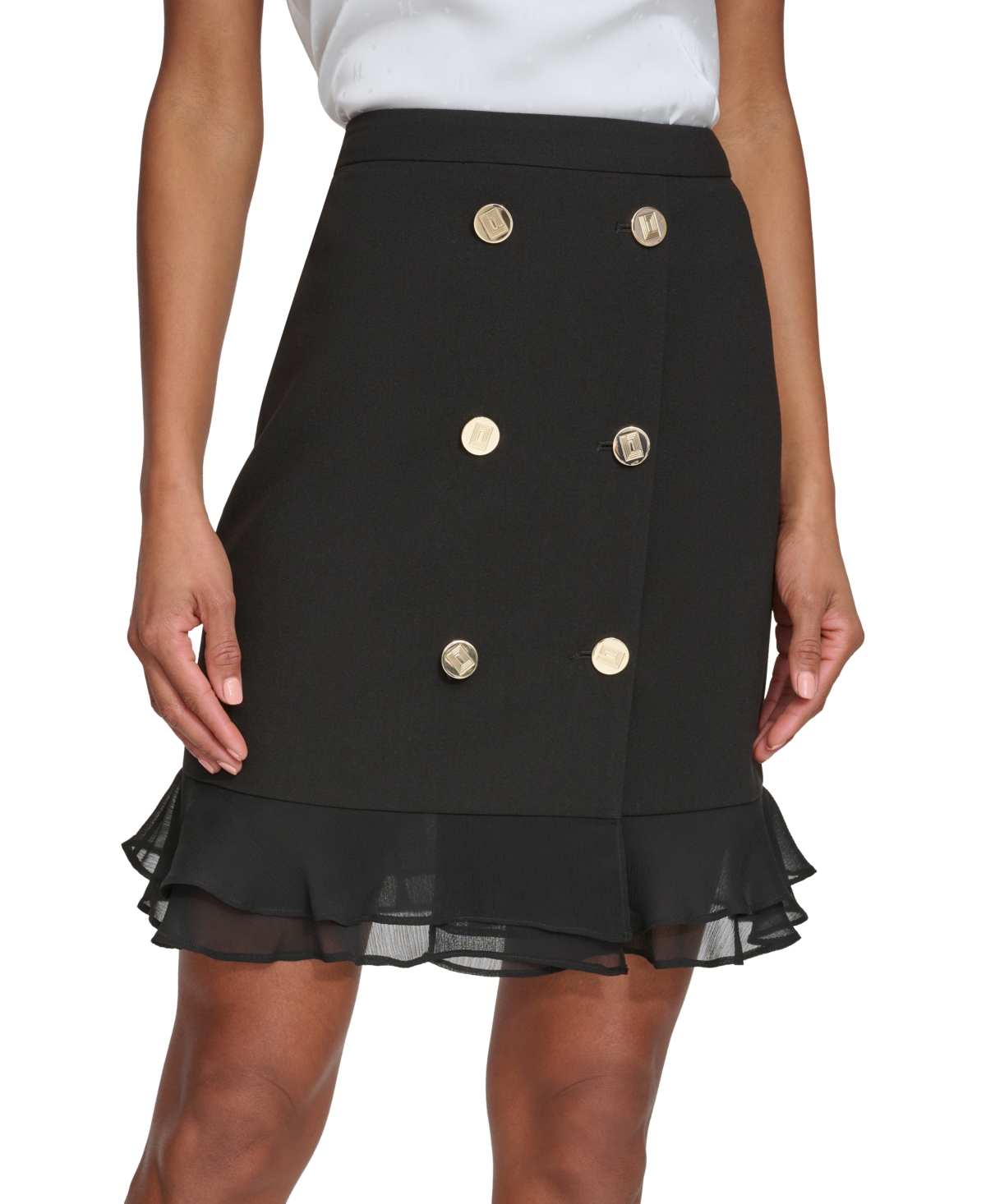 Karl Lagerfeld Paris Women's Button-trim Ruffled-hem Skirt In Black