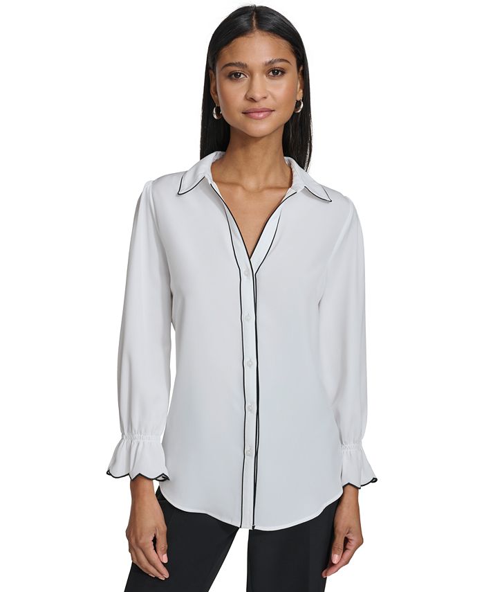 Karl Lagerfeld PARIS Women s Contrast Trim Scalloped Cuff Blouse