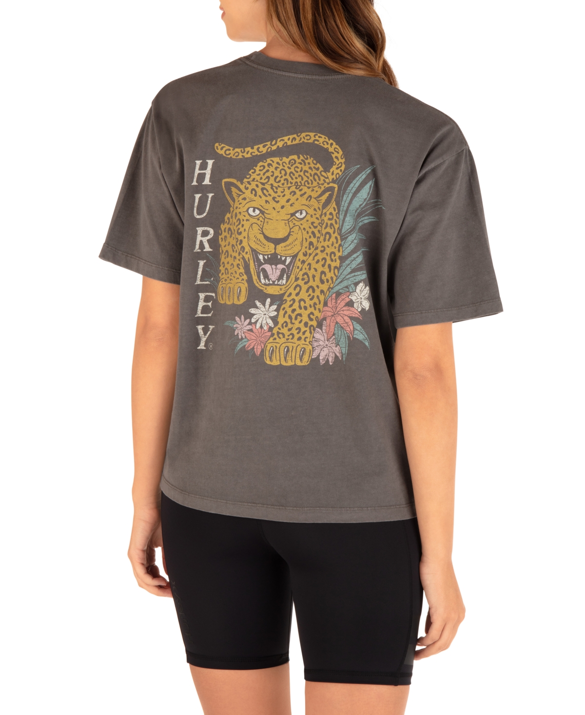 Shop Hurley Juniors' Cotton Leopard Logo T-shirt In Black
