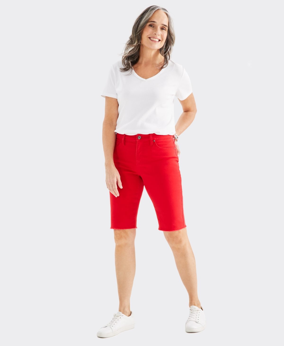 Shop Style & Co Women's Mid-rise Raw-edge Bermuda Jean Shorts, Created For Macy's In Gumball Red