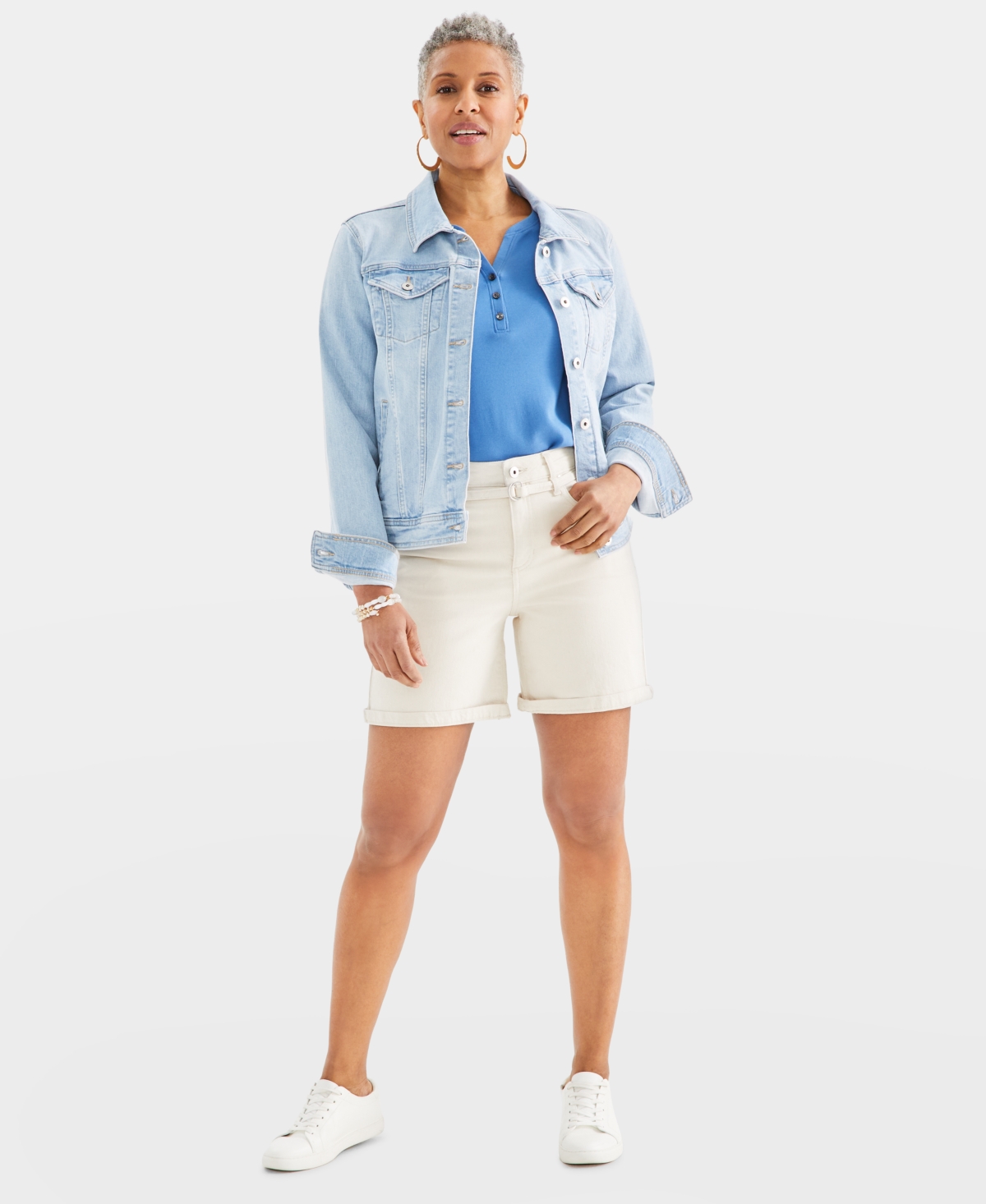 Women's High-Rise Belted Cuffed Denim Shorts, Created for Macy's - Sea Coral
