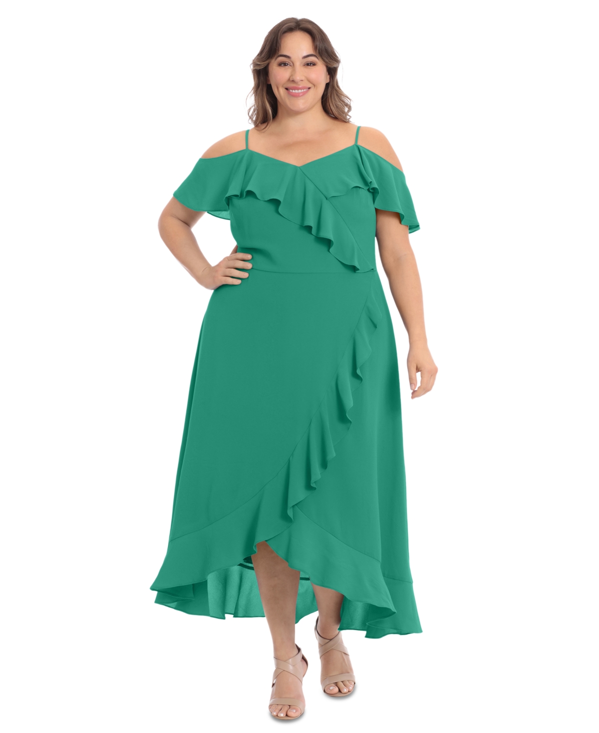 London Times Plus Size Ruffled Cold-shoulder Maxi Dress In Green