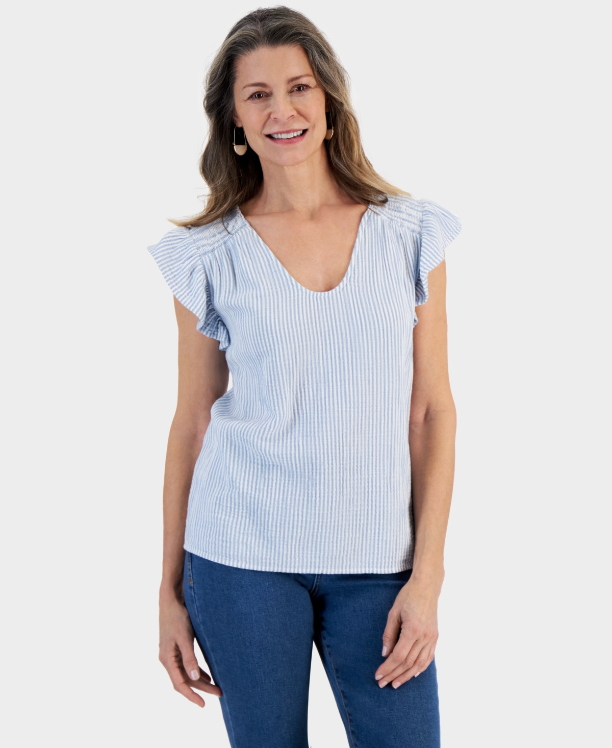 Women's Printed Cotton Gauze Flutter Sleeve Top, Created for Macy's - Multi Stripe