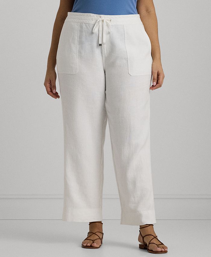 Lauren Ralph Lauren Women's Plus Size Linen Drawcord Pants, White, 22W