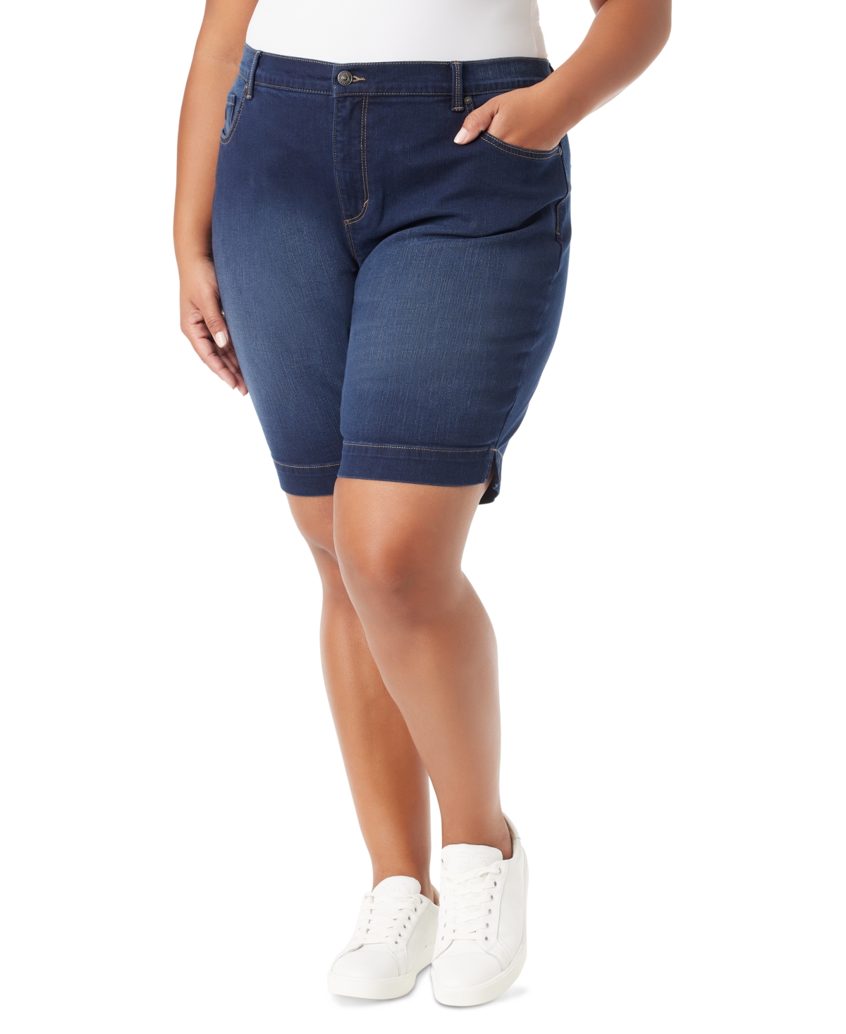 Shop Gloria Vanderbilt Plus Size Denim Bermuda Shorts In Hewlett