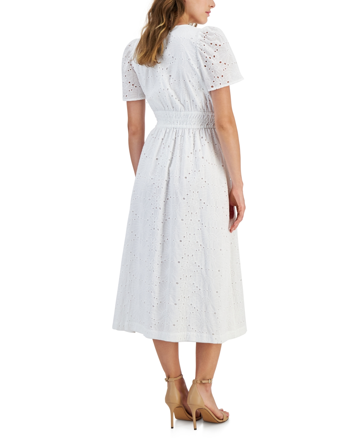 Shop Anne Klein Women's Cotton Embroidered Eyelet Midi Dress In Pearl Whit