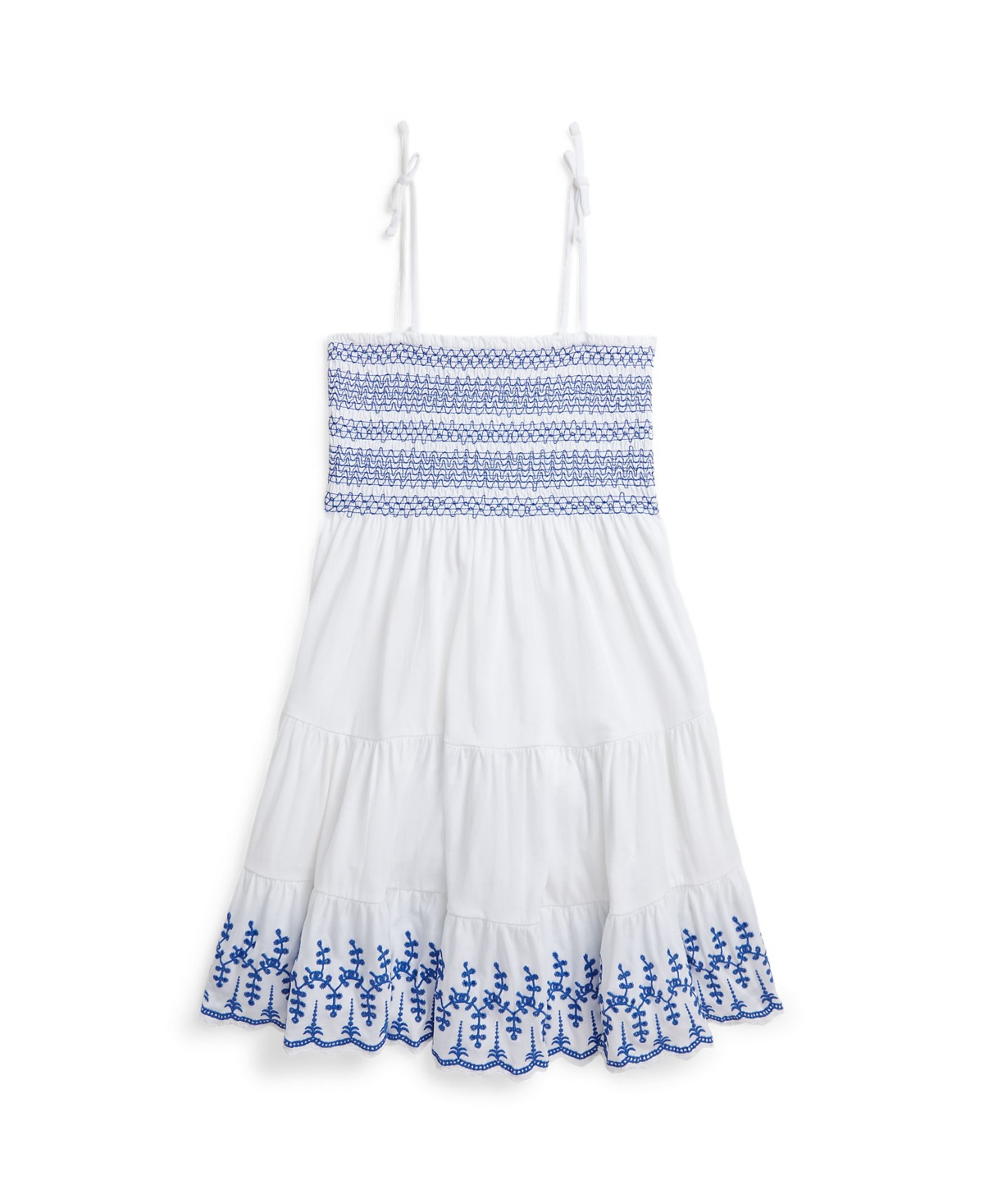 Shop Polo Ralph Lauren Big Girls Smocked Eyelet Cotton Jersey Dress In White With Brilliant Sapphire