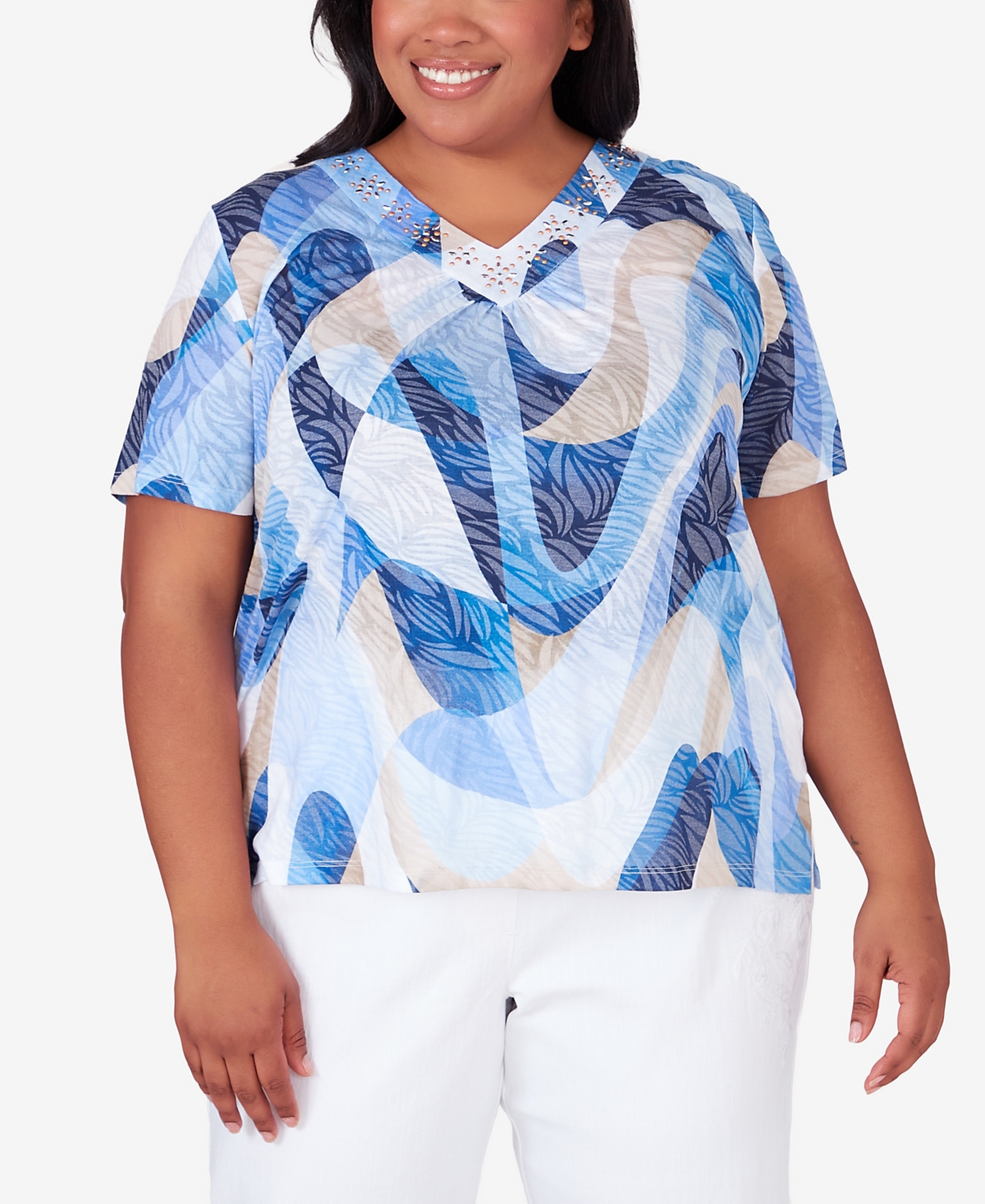 Alfred Dunner Plus Size Bayou V-neck Wavy Abstract Top In Multi
