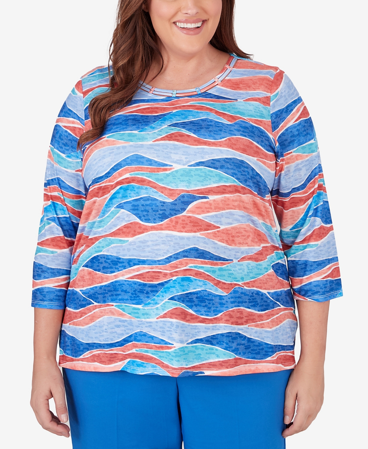 Shop Alfred Dunner Plus Size Neptune Beach Crew Neck Beach Wave Top In Multi
