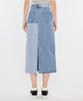 Women's Two-Toned Color Block Denim Midi Skirt